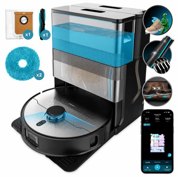 Robot aspirador con su base y sus accesorios.